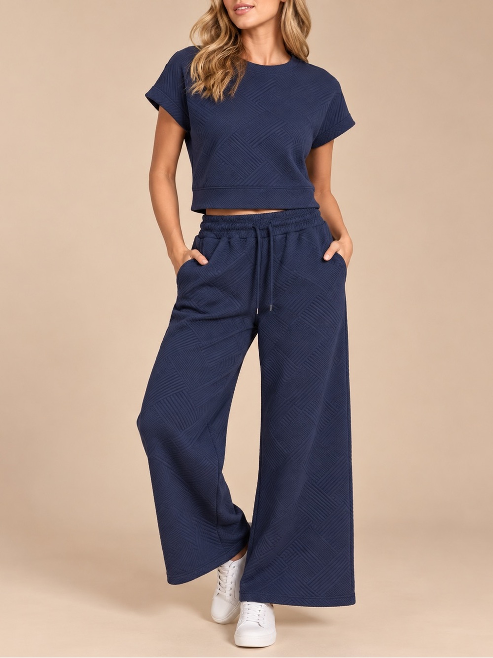 H&M Navy Textured 2-Piece Polo Shirt Wide Leg Pants Set